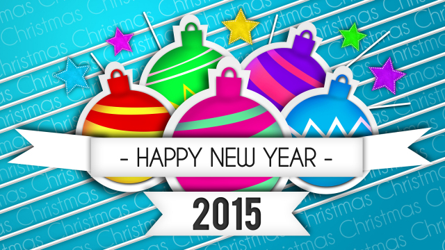 Baubles Happy New Year Art Paper 2015 Blue Background