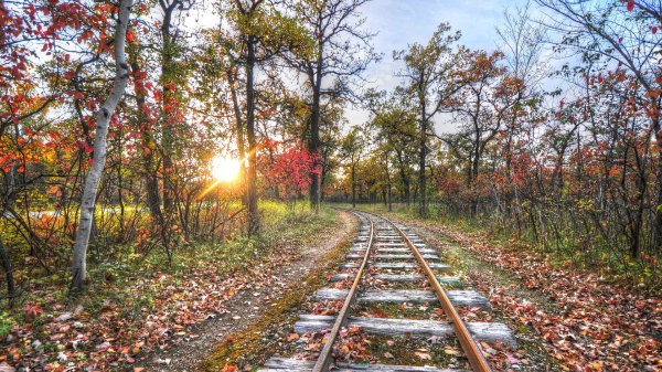 Old Train Track In Autumn At Sunrise Hdr HD Desktop Background