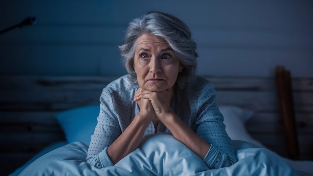 Displeased senior woman thinking while lying in bed awake late at night