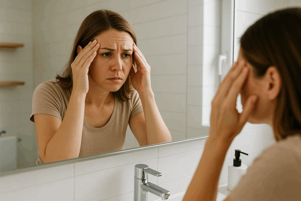woman looking at face aging in mirror