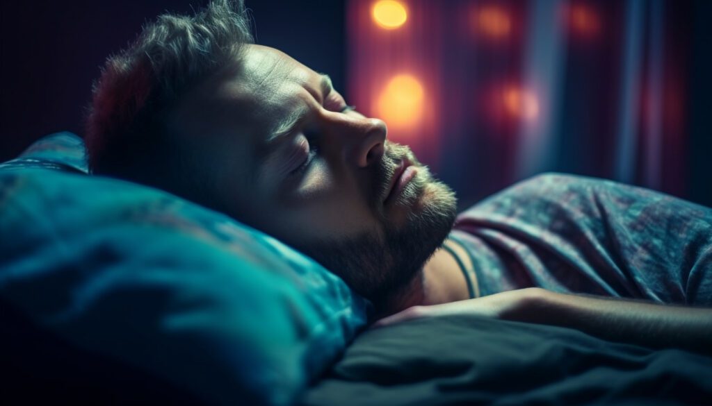 One tired man sleeping peacefully in bed